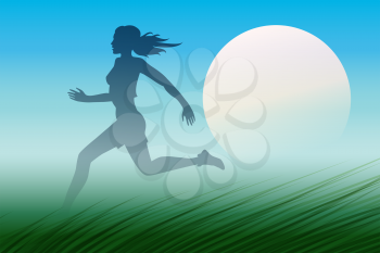 Healthy Run Design template. Young woman running through a meadow early in the morning. 