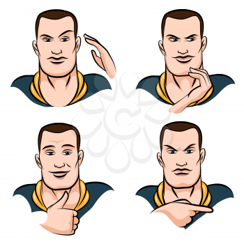 A young man face expression set drawn in cartoon style. Confidence, rage, uncertainty, slyness. Isolated on white background.