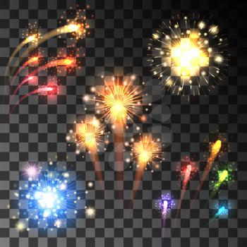 Festive colorful firework bursting in various shapes sparkling on transparent background.