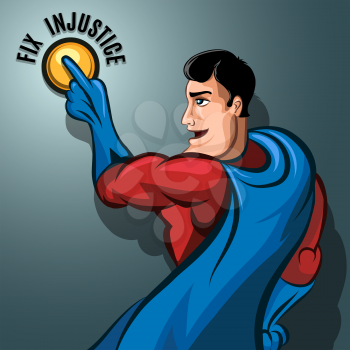 Humorous illustration of Superhero pushing the Justice button.