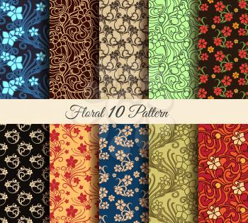 Floral vector seamless patterns set. 10 colorful flower effortless wall papers. No gradients used.