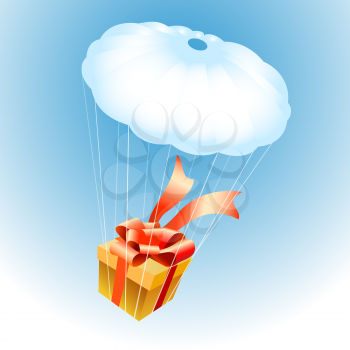Gift box on parachute against sky background.