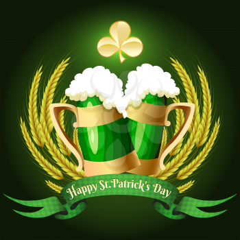 Illustration of Pair of green beer mugs, barley ears and greeting Saint Patricks day banner