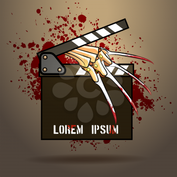 Clapperboard with razor glove against blood splashes. Scary or horror movie event design template.Only free font used.
