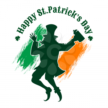 Saint Patricks Day emblem with joyful leprechaun. Isolated on white background. 
