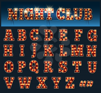 Retro style light bulb alphabet. Capital Letters isolated on dark.