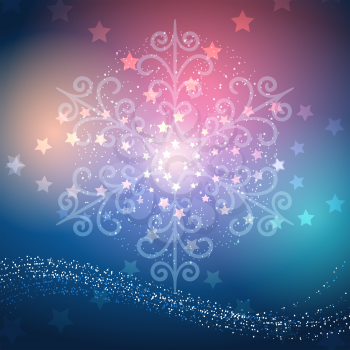 Merry Christmas or Happy New Year Holidays Design. Snowflake and stars against festive background.