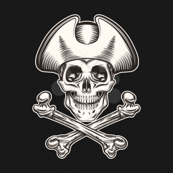 Skull in pirate hat and crossbones.Illustration in Tattoo style. Isolated on Black. 