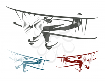 Flying Retro Airplane Emblem Set. Biplane in three color variations. Isolated on white.