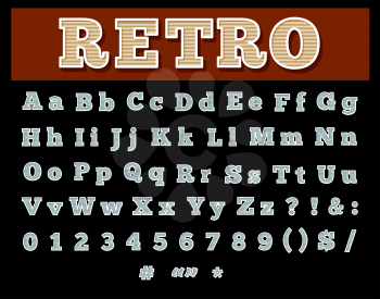 Retro type font, vintage typography style. Capital and lowercase letters, numbers etc. Isolated on black background.