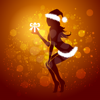 Santa dressed girl silhouette with present. Christmas and New Year Holidays design