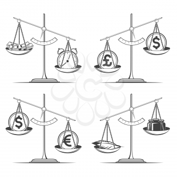 Scales set. Signs of currency, money, clock, feather, weights. Isolated on white background.