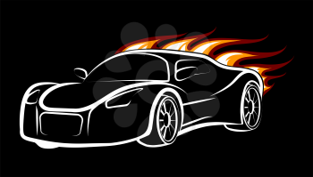 Modern sport car emblem. Burning car isolated on black.