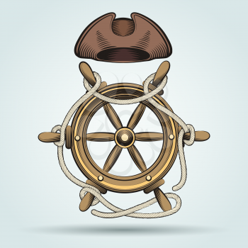 Steering wheel with ropes and sailor hat. Colorful illustration.