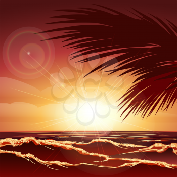 Red sunset over the sea. Waves, rays of light and palm trees.