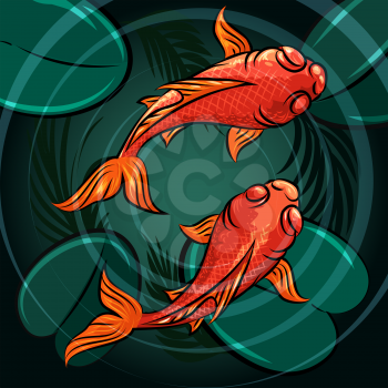 Pair of coi fishes in a pond drawn in cartoon style.