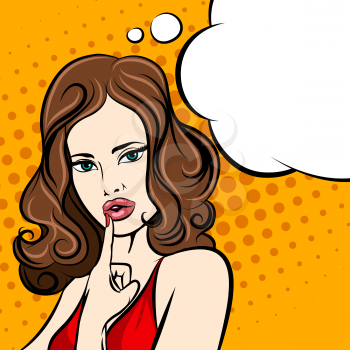Beautiful young girl in Comic Pop Art Style with geen eyes in red dress and blank thought bubble with copyspace.