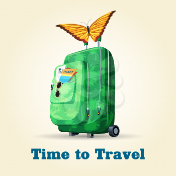 Illustration of travel suitcase with ticket in a pocket and butterfly on a handle. Only free font used.