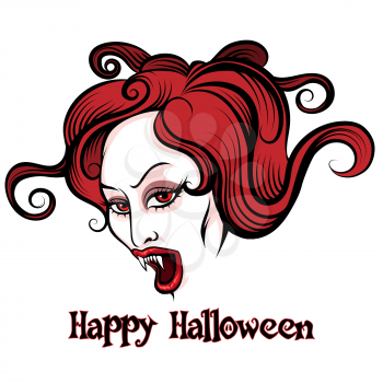Vampire Woman with open mouth and lettering Happy Halloween in tattoo style. Free font used. Isolated on white.
