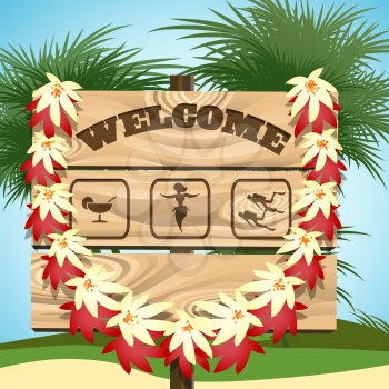 Wooden sign with wording Welcome and emblem of exotic dances, drink bar and ocean diving. Tropical seaside and palm trees.