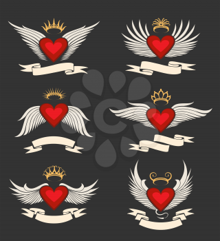 Heart with wings set. Heart symbol collection with ribbon for your text. Isolated on dark background.