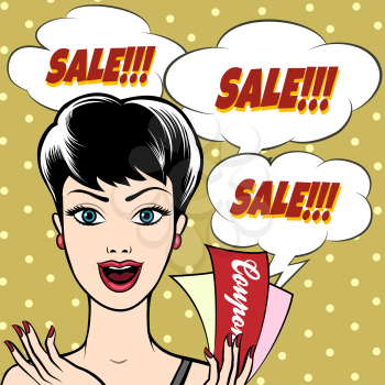 Joyful Woman with SALE signs and coupons in her hand. Illustration in pop art style. Only free font used.