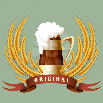 Illustration of beer mug and cereal ears behind a banner drawn in retro style