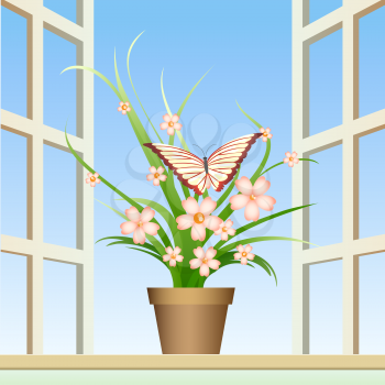 A vector illustration of butterfly on a window plant against open window