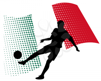 vector illustration of mexico soccer player silhouette against national flag isolated on white