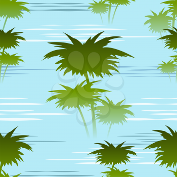 seamless colorful pattern with palm trees on a river shallows in the morning