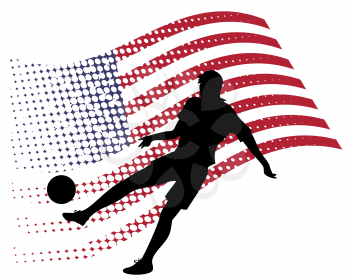 vector illustration of united states soccer player silhouette against national flag isolated on white