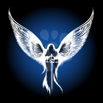 Angel with sword against dark blue background. illustration in sketch style.