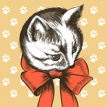 Kitten with red bow drawn in sketch style.
