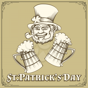 Leprechaun with smoking pipe and two mugs of beer. Saint Patrics Day emblem. Free font used. Isolated on white.