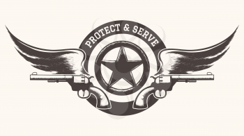Two guns with wings and star badge against wording Protect and Serve. Free Font used.
