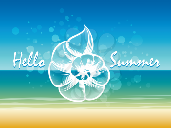 Summer time seascape with seashell sign and lettering Hello Summer. Free font used.