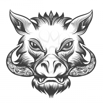 Boar head drawn in tattoo style. Isolated on white.