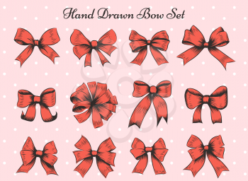 Set of twelve bows. Hand drawn red bows on polka dot background