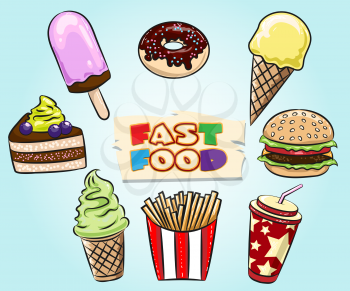 Set of Fast Food. Muffin, icecream, pice of pie, hamburger, fried potatoes, soft drink drawn in cartoon style.