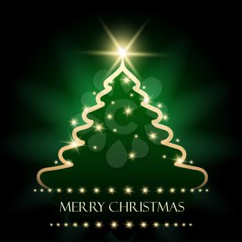 Golden and glossy Christmas pine tree on green background and wording Merry Christmas. Vector illustration.