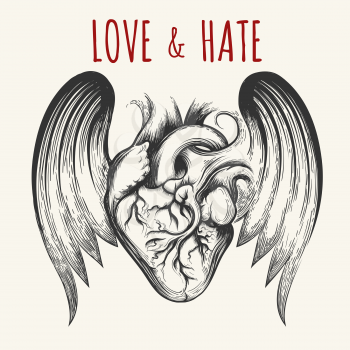Love & Hate tattoo. Human heart with wingsand wording. Vector illustration