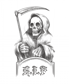 Death with a scythe on the cemetery over a tombstone. Illustration in engraving style.