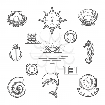 Set of doodle nautical decor elements in hipster style. Hand drawn dolphin seashells seahorse pearl helm etc.