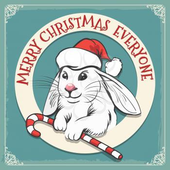 Merry Christmas hand draw greeting card in vintage style. Rabbit with Candy cane and lettering against background with grunge elements. Vector Illustration.