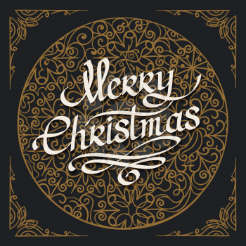 Merry Christmas hand lettering in Retro style.  Greeting card with decorative typography and line flourishes on black background