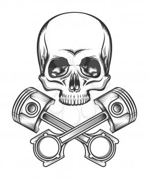 Human skull and crossed engine pistons. Isolated on white vector illustration.