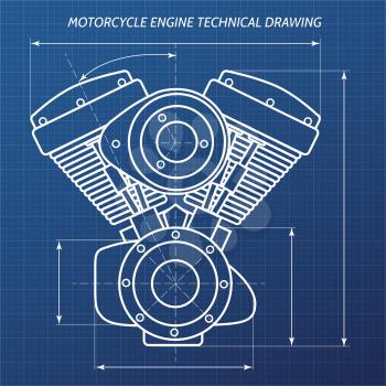 Technical drawings of motorcycle engine. Motor engineering concept. Vector illustration.
