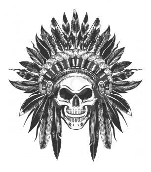 Human Skull in Native American indian War Bonnet drawn in tattoo style. Vector illustration.