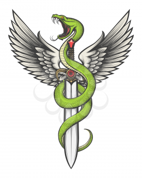 Snake with Wings and Sword drawn in tattoo style. Vector illustration.
