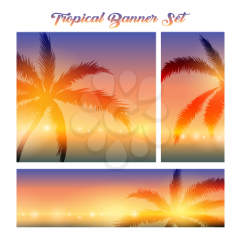 Summer tropical banner set. Coasline sunset backgrounds with palm trees for your text or messages. Vector illustration.